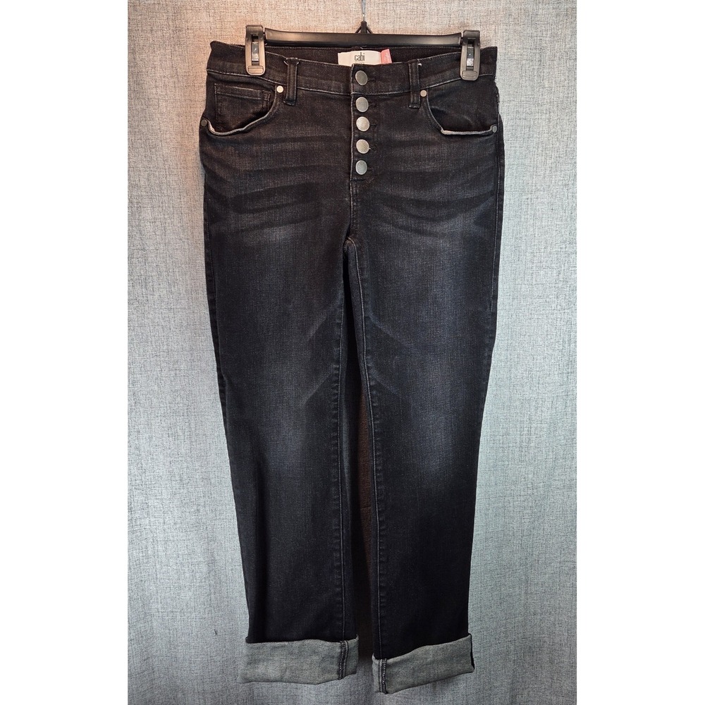 Cabi Black Exposed Button Fly Straight Leg Women's Denim Jeans Size 4 Rolled Hem